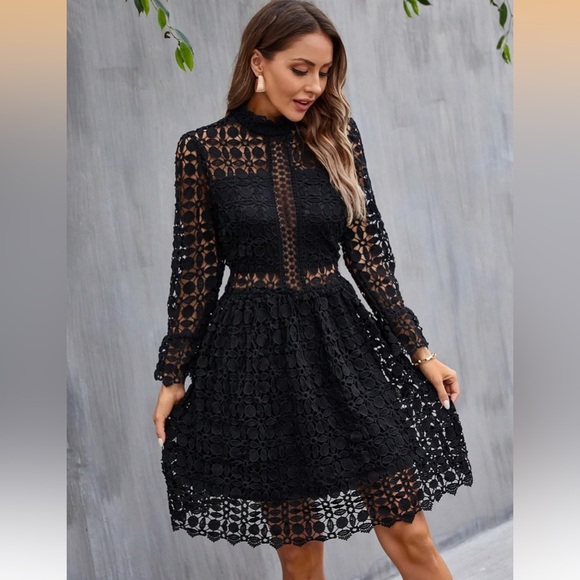 Eilly Bazar Dresses & Skirts - NWOT Eilly Bazar Black hollow out Lace long sleeve Mock neck Dress size M & L
